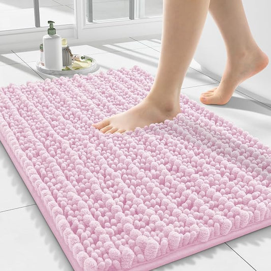 Smiry Bathroom Rugs 24X16, Extra Soft Rubber Backing Chenille Bath Mats | Pink Machine Washable Non Slip Quick Dry Bath Mats for Bathroom Floor, Tub, Shower, Home Decor Accessories