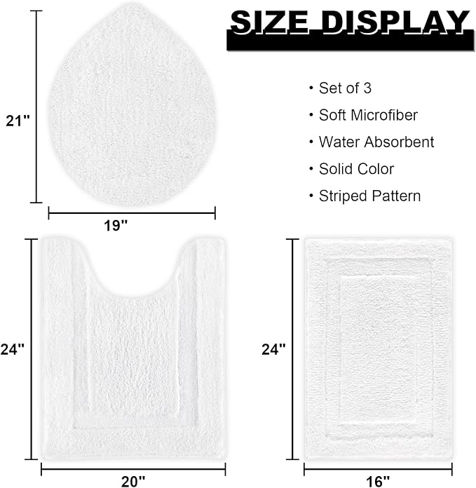 SHACOS White Bathroom Rugs Sets 3 Piece, Non Slip Soft Absorbent 16"x24" | Small Microfiber Bath Mat with Toilet Lid Cover, Shaggy Carpet U-Shaped Contour Toilet Rug, Machine Washable