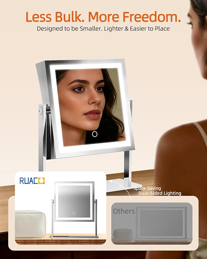 Ruacq Makeup Mirror with Lights, Dual Sided 1X/10X, Chrome | 8",4000mAh Rechargeable, Magnifying Mirror with 3 Color Lights,Touch Control Dimmable, 360° Rotation, Square, Gift for Women