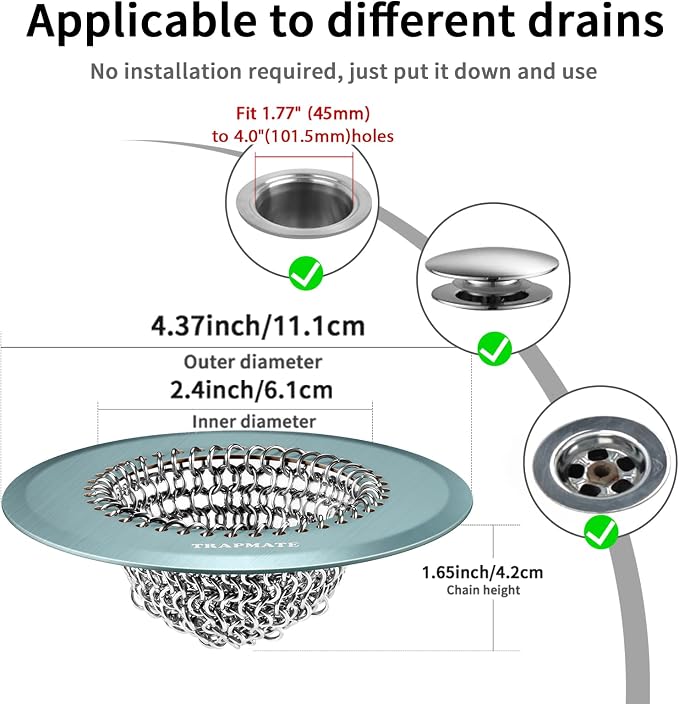 TRAPMATE Reversible Bathtub Drain Hair Catcher, Prevent Clogging Shower Drain Cover, Patend 304 Stainless Steel Drain Strainer for Regular & Pop-up Drain (Teal)