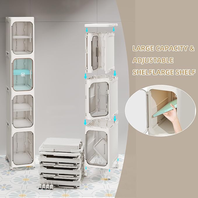 3-Tier Slim Bathroom Narrow Storage Cabinet with Wheels, White | Tool Free Assembly, Adjustable shelves, Lockable Wheels, Magnetic Clear Door, Fits for Narrow Spaces