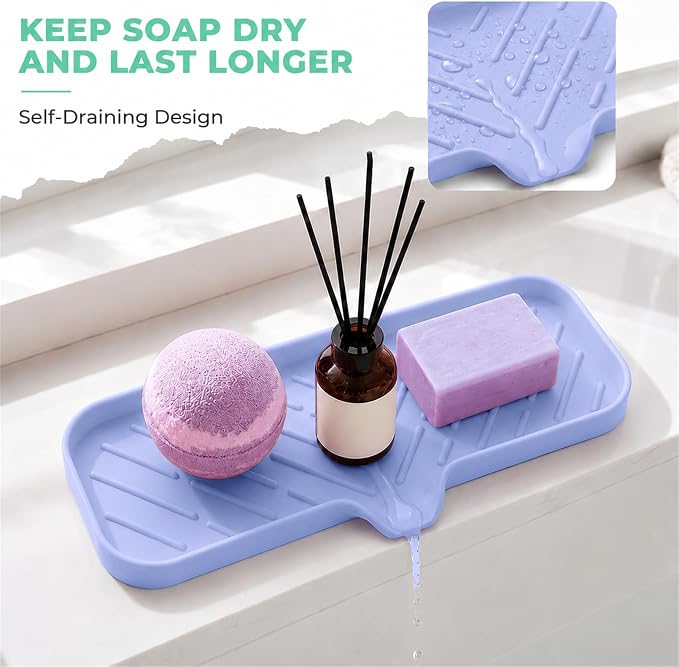 MicoYang Silicone Soap Dish with Drain Spout — Self-Draining Double Sink Organizer Tray for Kitchen & Bath, Dispensers, Sponges & Soap Holder, Non-Slip & Dishwasher Safe, Light Purple (Large, 12"×4")