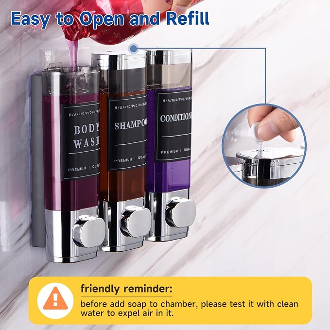 Shower Soap Dispenser Wall Mounted No Drill Shampoo Dispenser for Shower Wall Shampoo and Conditioner Dispenser Bathroom Hotel 3 * 300ml Chrome Self