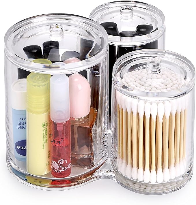 Hipiwe Clear Acrylic Cotton Swab Holder Preminm Quality Round Container Cotton Pad Q-tip Organize Case for Make Up Brush Clear Apothecary Jar