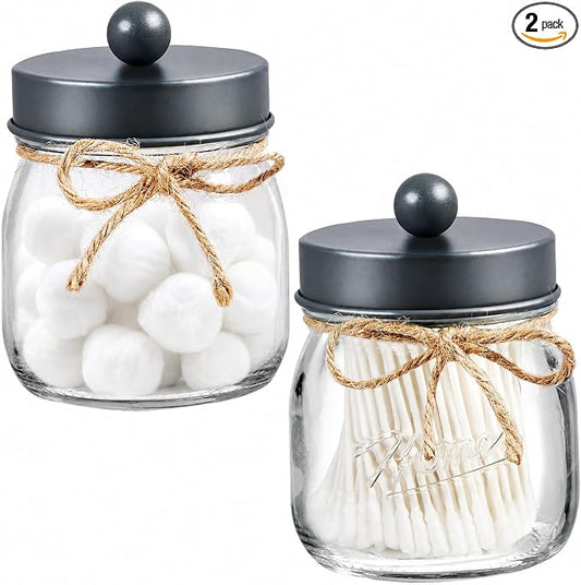 SheeChung 2 Pack Qtip Holder, Bathroom Jars, Cotton Swab Holders, Cute Mason Jars Bathroom Shelf Decor for Cotton Balls, Floss Picks - Vintage Gray