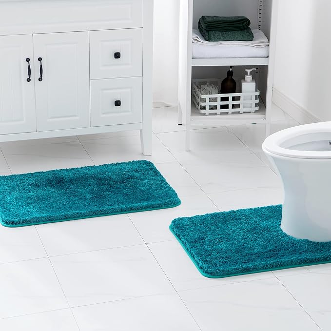 MIULEE Teal Bathroom Rugs Set 2 Piece Soft Bath Mats 20x24+20x30 Inch | Absorbent Microfiber Bath Mat and U-Shaped Toilet Rug, Non Slip, Quick Dry, for Bathroom Floor Tub Showers, Machine Washable