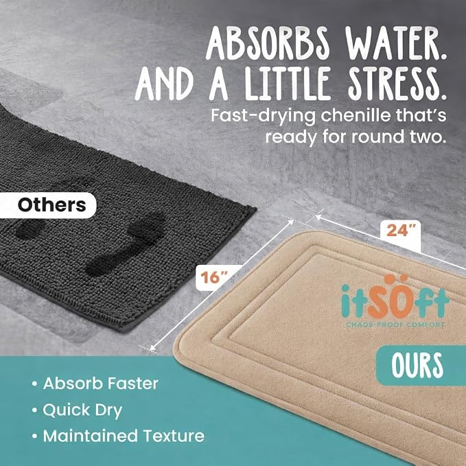 ITSOFT Memory Foam Bath Mat 24x16, Non Slip, Machine Washable, Quick Dry & Absorbent Rugs, Bath Mats for Bathroom Floor, Tub & Shower, Bathroom Rug, Beige