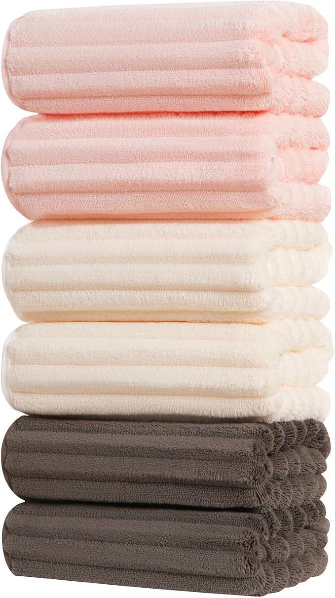ZVH Hand Towels for Bathroom 6pcs,Quick Dry Microfiber,Super Soft Absorbent | 14X29.5inch,Machine Washable,Hand Towels With Hanging Loops for Spa,Gym,Kitchen,Hotel (Pink+Beige+Brown, Set of 6)