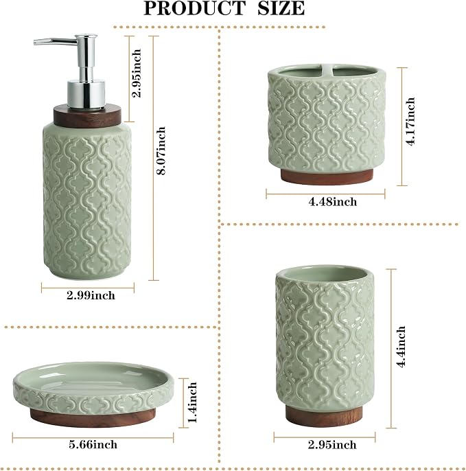 RQYIXI Ceramic 4-Piece Bathroom Accessories Set,Sage Green | Countertop Essentials Embossed Textured Design Solid Wood Non-Slip Detail Sage Green Finish