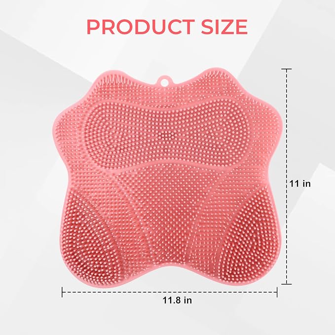 Silicone Foot Scrubber Mat for Shower Bath Foot and Back, Shower Feet Brush Pad with Wall-Mounted Suction Cups (Pink)