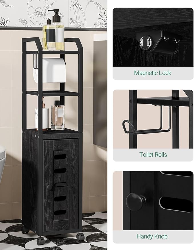 Hzuaneri Bathroom Storage Cabinet - Toilet Paper Storage Cabinet, Small Toilet Paper Holder with 4 Wheels, Bathroom Organizer with Adjustable Shelf, for Small Spaces, Black BC04604X