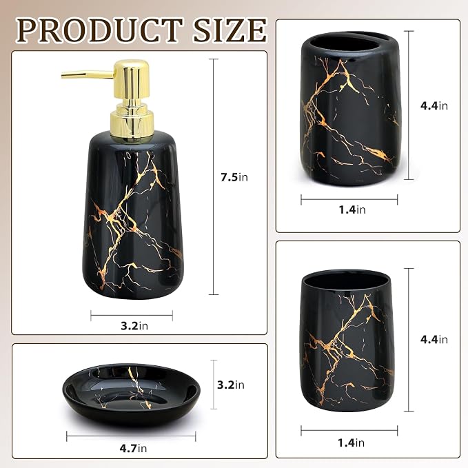CERBIOR Bathroom Accessories Set,4 Pcs Ceramic Bathroom Accessory,Black | Includes Toothbrush Holder, Toothbrush Cup, Soap Dish for Decorative Countertop and Housewarming Gift