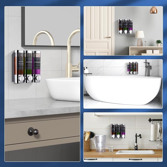 Shower Soap Dispenser Wall Mounted No Drill Shampoo Dispenser for Shower Wall Shampoo and Conditioner Dispenser Bathroom Hotel 3 * 300ml Chrome Self