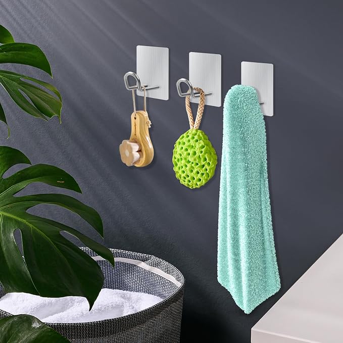Self Adhesive Hooks Heavy Duty, Large Stainless Steel Towel Hooks, No Drill Sticky Hooks, Long Stick on Shower Wall Hooks for Hanging Hat Coat Key Headphone (Sliver(4Pcs))