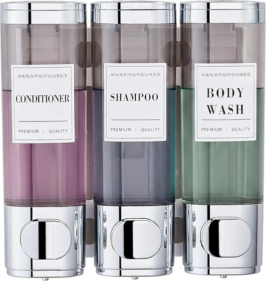 Pollock Shampoo and Conditioner Dispenser,Bright Silver 3 Chamber*300ML | Shower Soap Dispenser Wall Mounted No Drill,Shampoo Body Wash Conditioner for Bathroom Large Capacity