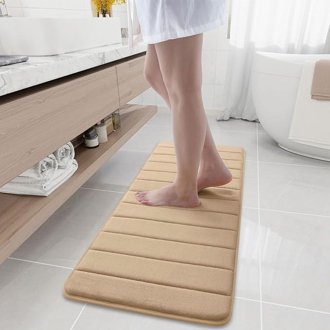 Buganda Memory Foam Bath Mat 47 x 17, Ultra Soft Absorbent Bathroom Rugs | Camel, Machine Washable Quick Dry Bath Mats for Bathroom Floor, Shower and Tub, Home Decor Accessories
