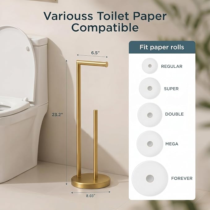 FORIOUS Toilet Paper Holder Stand with Storage for 4 Rolls, Brushed Gold | Modern Freestanding SUS 304 Stainless Steel Bathroom Tissue Roll Organizer with Heavy Anti-Slip Weighted Base