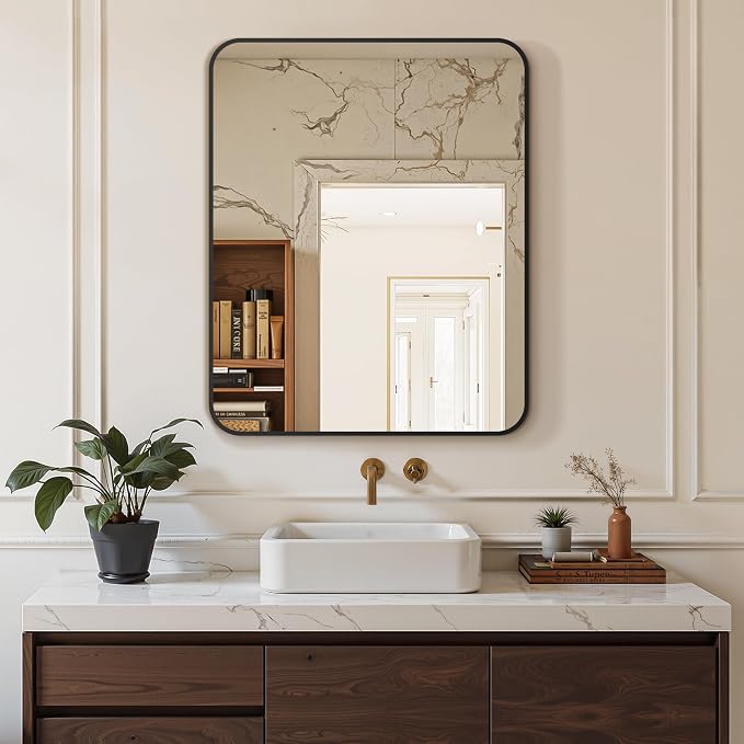 Delma Bathroom Vanity Mirror, Black Framed Mirror for Over Sink, 30x24 | HD glass, distortion-free for makeup and grooming, Sturdy frame, all mounting hardware, hangs horizontal or vertical