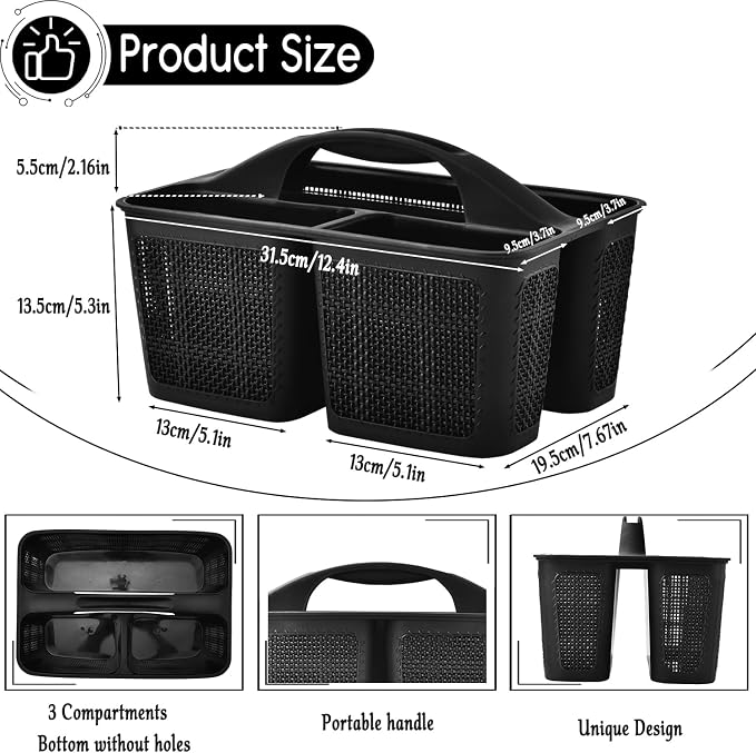 NINU Plastic Black Shower Caddy Basket, Divided Cleaning Portable Shower Basket with Handle Compartments Storage Organizer for Bathroom, College, Kitchen, Dorm Room Essentials