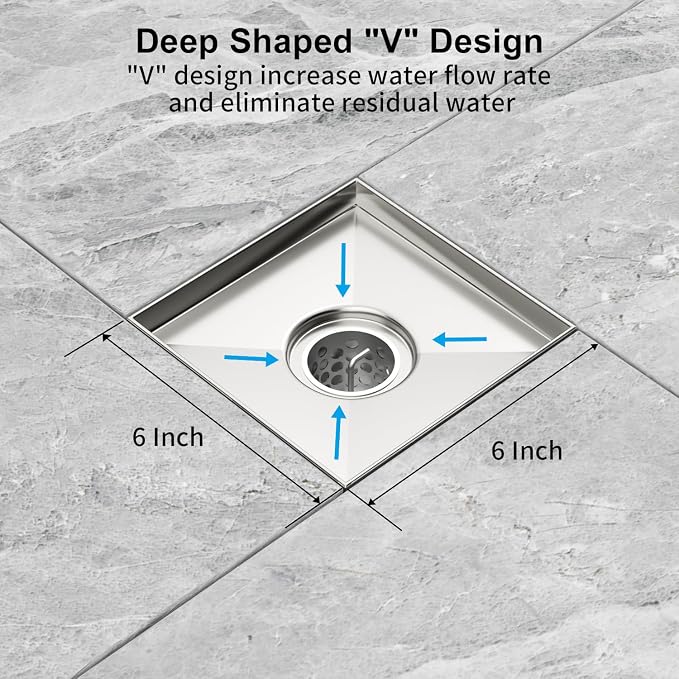 6 Inch Square Shower Drain, EMBATHER 304 Stainless Shower Floor Drain and Shower Drain Cover Included Hair Catcher and Leveling Feet, Brushed Nickel