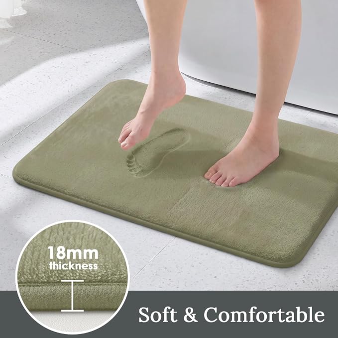 HUXMEYSON 3-Piece Memory Foam Bathroom Rug Set, Olive Green | Quick Dry Velvet Surface, Non-Slip & PVC Backing, Ultra Soft Bath Rugs for Bathroom, 17"x24"+20"x32"+U Shape 20"x24"