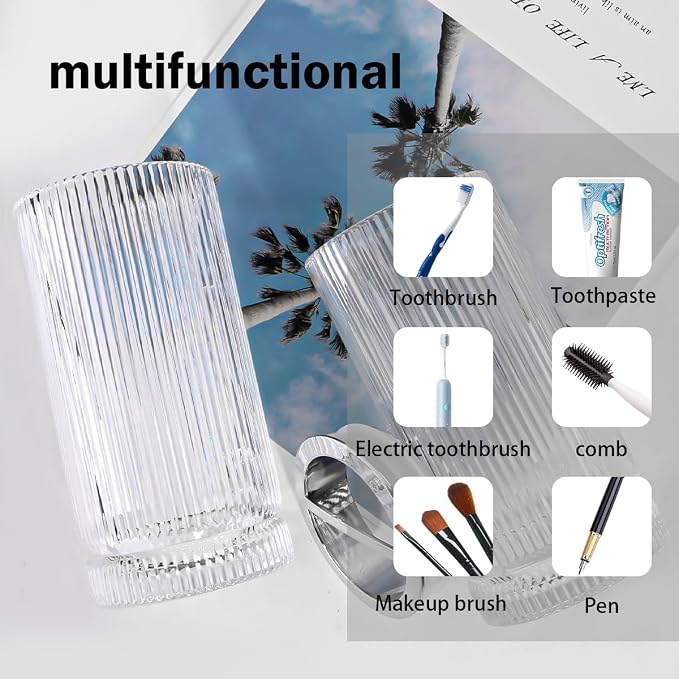 Toothbrush Holders for Bathrooms, 2pcs Clear Glass Toothbrush Holder, 14oz Bathroom Tumbler and Mouthwash Cup, Silver Tooth Brush and Toothpaste Organizer for Bathroom Vanity Countertop Decor