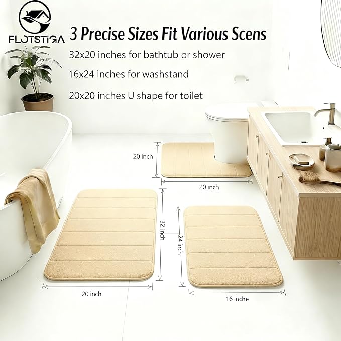 Memory Foam Bath Mat Set 3 Piece，Super Soft Absorbent Bathroom Rug Non Slip, Quick Dry,Machine Wash, Perfect Plush Bathroom Rugs,Home Decor Accessories,Beige