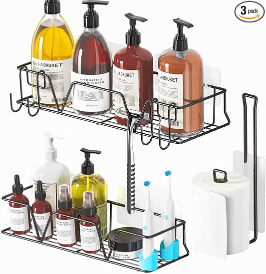 Shower Caddy Organizer Shelf with Paper Towel Holder, Adhesive Black Bathroom Storage Basket with Hooks, Rustproof Stainless Steel Kitchen Spice Racks, No Drilling Wall Mount, 3 Pack