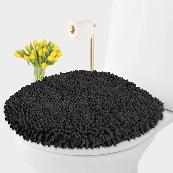 LuxUrux Toilet Lid Cover with Stretch Fit Elastic Band – Chenille Microfiber Toilet Seat Non-Slip Cover for Bathroom – Soft Plush, Machine Wash And Dry, Comfort & Clean Look (18 x 18'', Black)