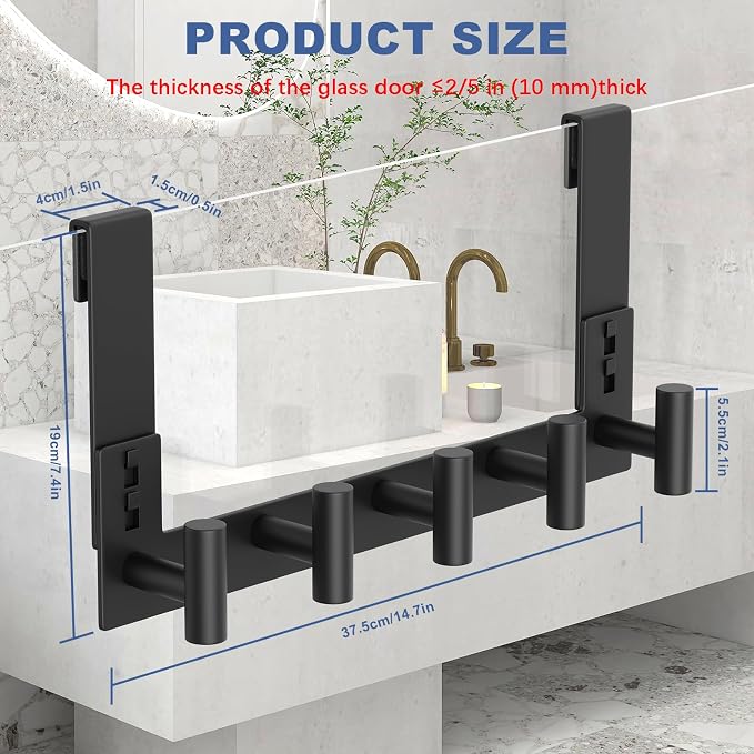 WUIVIUT Over The Shower Wall Hook, Shower Glass Door Hook Frameless fit for 3/8" (10mm) Thick, Towel Hold for Bathroom,Coat Hooks for Robe (T Shape, 5 Hook)