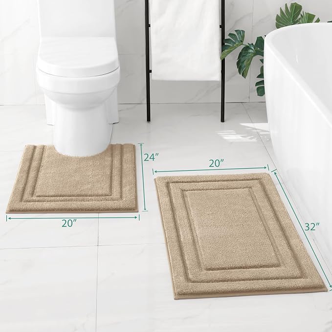 HOMEIDEAS Bathroom Rugs Sets 2 Piece, U-Shaped Toilet Rug Khaki | Super Soft and Absorbent Non Slip Microfiber Bath Rug，Machine Washable, for Bathroom, 20"x32"+U Shape 20"x24"