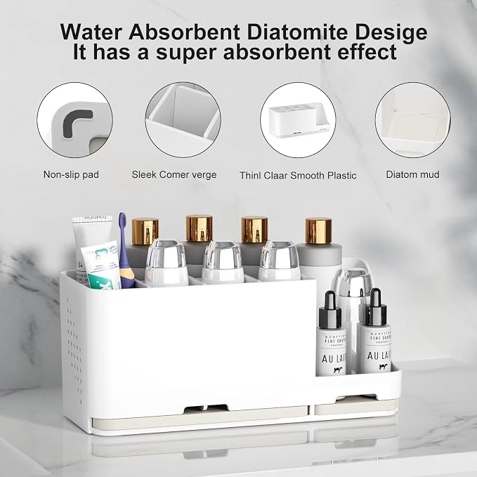 Bathroom Countertop Organizer with Water Absorbent Diatomite,8 Slots Bathroom Toothbrush Holder with Adjustable Dividers,Bathroom Sink Organizer Countertop (White)