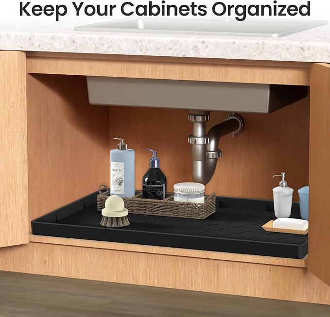 Mateeylife Under Sink Mats for Kitchen Waterproof 34"X22", Undersink Protectors，Silicone Mat Cabinet Liner, Under Sink Organizer for Bathroom and Kitchen，Boot Tray Pet Food Mat, Black