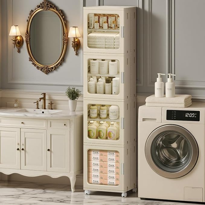 4-Tier Tall Narrow Bathroom Storage Cabinet with Magnetic Doors, Adjustable Shelves, Plastic Slim Bathroom Organizers and Storage Small Spaces Pantry Kitchen Laundry Room Quick Assembly