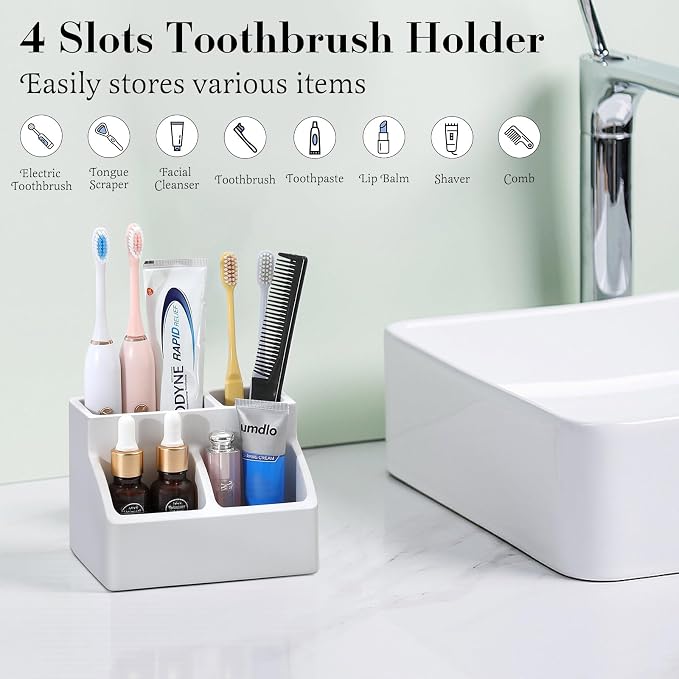 Luxspire Diatomite Toothbrush Holder, 4 Slots, Light Gray | Fast Drying, Diatomaceous Earth, Electric Tooth Brush and Toothpaste Organizer, For Bathroom Kitchen Vanity Countertop