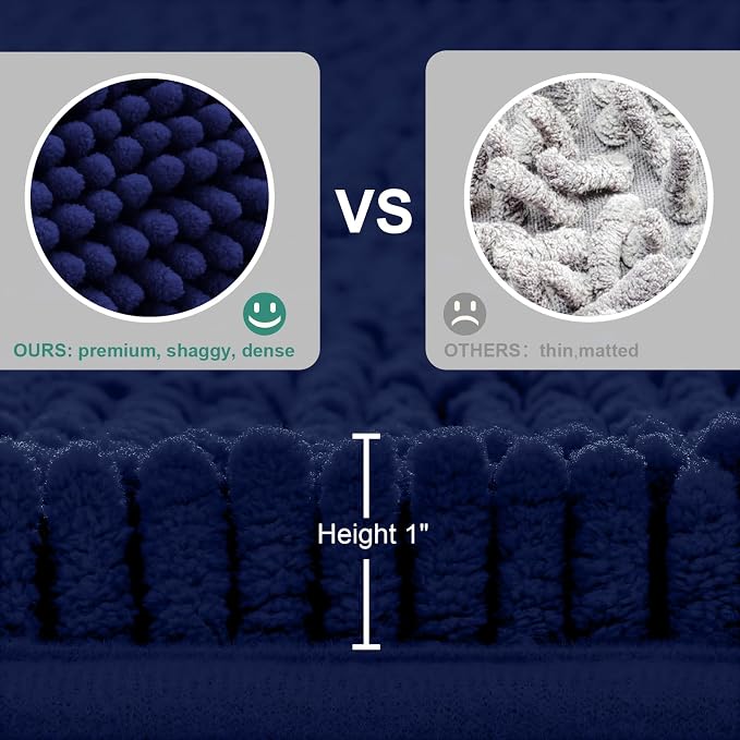 HOMEIDEAS 3 Pieces Navy Blue Bathroom Rugs Set, Ultra Soft Non Slip Bath Rug and Absorbent Chenille Bath Mat, Includes U-Shaped Contour Rug, Bath Mat and Toilet Lid Cover, Perfect for Bathroom, Tub