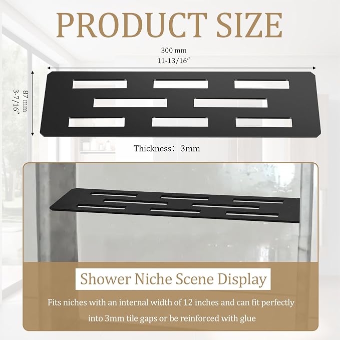 Rectangular Shelf for 12 Inch Tile Prefabricated Niches, Shower Niche Shelf with Powder Coated 316 Stainless Steel Finish, Fits 1/8 inch Grout Lines Shower Niche Insert