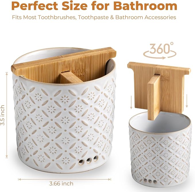 Zoeeker Toothbrush Holders, Ceramic Electric Toothbrush & Toothpaste Holder | Detachable 3 Slots Tooth Brush Cup with Drain Holes & Bamboo Divider, Makeup Brush Storage Holder for Bathroom, Family, Kids