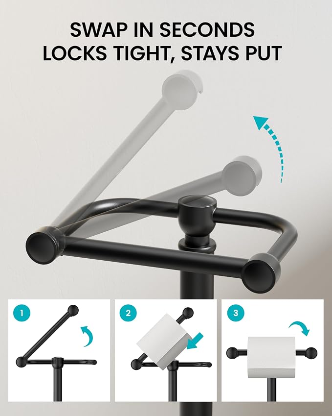 Freestanding Matte Black Toilet Paper Holder Stand, 4.82 LB Weighted Base Toilet Paper Stand, 304 Stainless Steel PVD One-Piece Pole, Pivoting Arm Fits Mega Rolls, No Drilling, 22 Inch