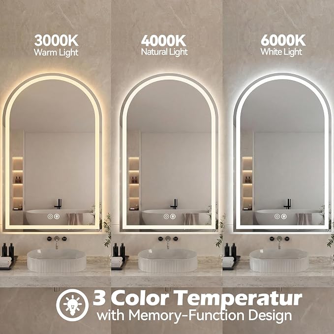DUMOS 28"x36" LED Bathroom Mirror with Lights, Arched Vanity Mirror | Anti-Fog, Dimmable, 3-Color Light, Memory Function, Front Light and Backlit, Tempered Glass