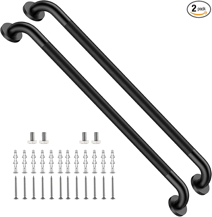 2 Pack 32 Inch Anti Slip Shower Grab Bar, ZUEXT Matte Black Stainless Steel Knurled Bathroom Balance Bar, Safety Hand Rail Support,Handicap Elderly Injury Senior Assist Bath Handle(1.25" Diameter)