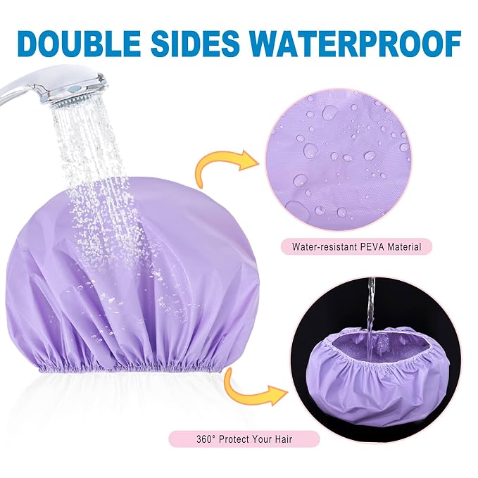 12 PCS Shower Cap, Bath Cap for Women Reusable Waterproof | Double Side Water-resistant PEVA , Bath Accessories, Spa, Travel, Environmental Protection - (Purple+Pink+Blue+Green)