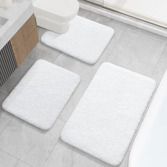LOCHAS Bathroom Rugs Sets 3 Piece, Microfiber Bath Mat Set Non Slip, White | Washable Absorbent Toilet Rug, Shaggy Soft Cozy Quick Dry