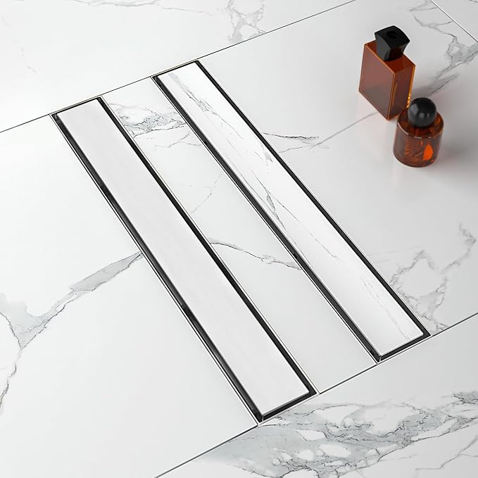 32-Inch Linear Shower Drain with Tile Insert Grate, SUS 304 Stainless Steel Linear Drain, Brushed Nickel Long Rectangle Shower Floor Drain with Leveling Feet, Hair Strainer, Fits Bathroom