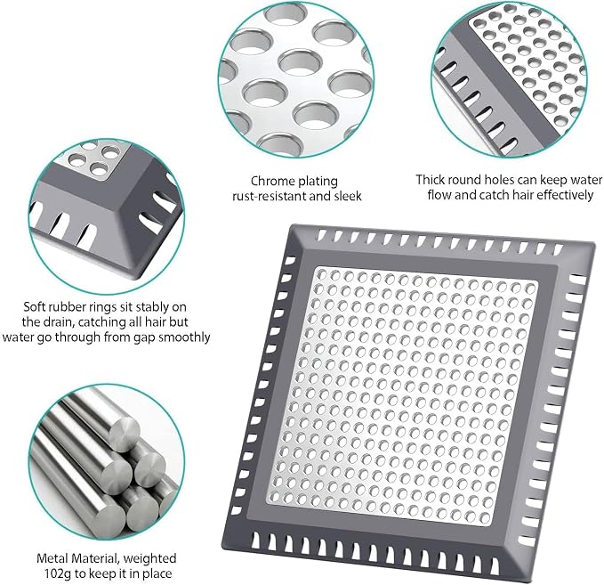 Shower Drain Hair Catcher/Drain Strainer/Shower Drain Cover for Bathroom Floor Drain, Stainless Steel and Silicone (Patented Product) (Pack of 2)