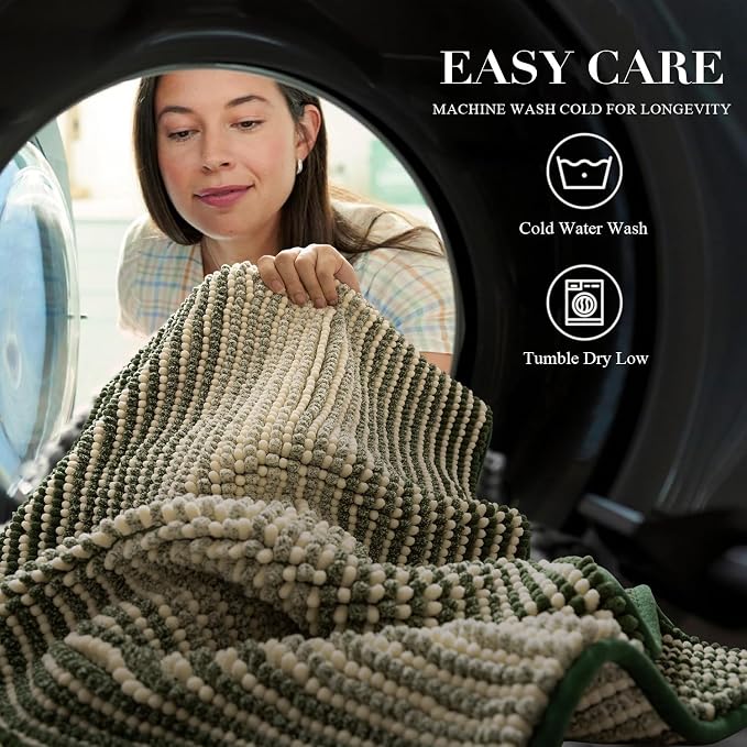 BSICPRO Bathroom Rugs, 20x32 Chenille Bath Mats, Green | Extra Soft Absorbent, Non Slip Striped, Quick Dry Machine Washable, Shower Rug for Bathroom Bedroom Decor