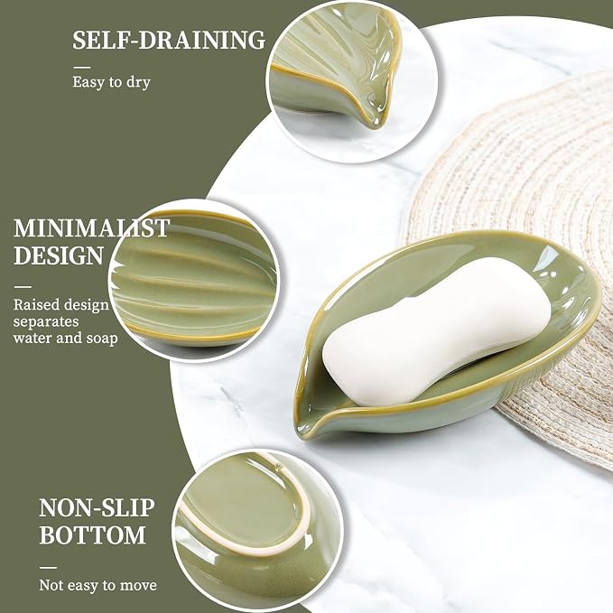 Soap Holder, Self-Draining Soap Dish, Leaf Shape Ceramic Green Bar Soap Holder Drain Soap Dishes for Bathroom Sink Kitchen, Easy to Clean Keeps Soap Dry, ANTIS'S HOME
