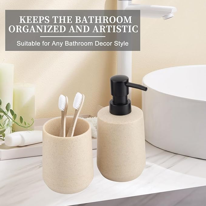 Resin Bathroom Accessory Set, Soap Dispenser and Toothbrush Holder, Beige | 2 Piece Bathroom Accessories Set for Bathroom Countertop Storage and Housewarming Gifts