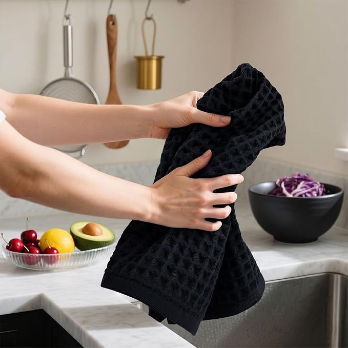 Jacquotha Black Waffle Cotton Hand Towels Set of 2 – Quick Dry, Low Lint | Towels for Bathroom, Kitchen & Daily Life, 13" x 29"
