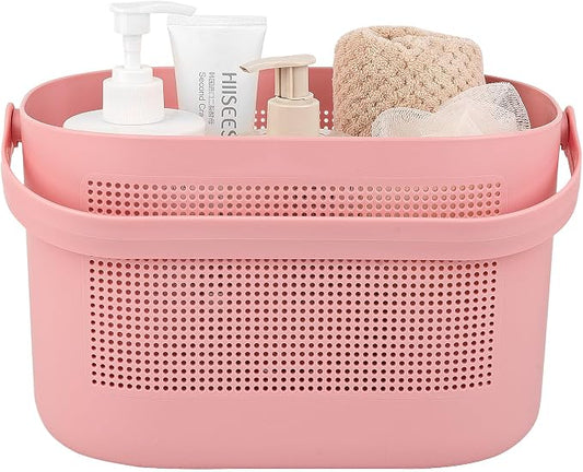 UUJOLY Plastic Storage Baskets with Handles, Shower Caddy Shelf Organizers Basket for Bathroom, Kitchen, Dorm Room, Pink